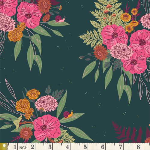 Floral pattern with pink, orange, and green flowers on a dark green background