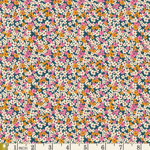 Art Gallery Fabrics - Ditsy floral in cream, pink and gold on navy background.