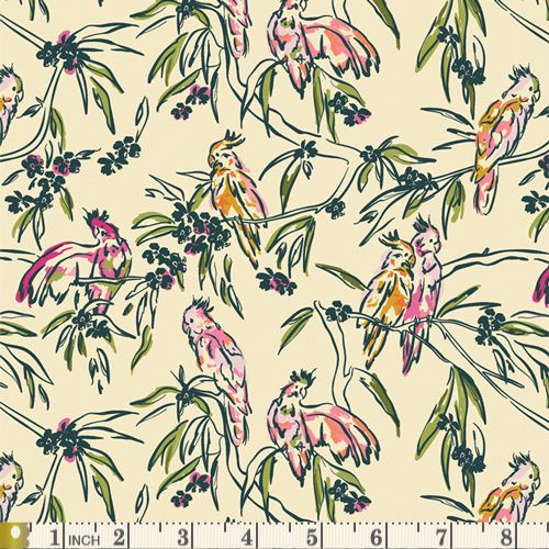 Pattern of colorful birds and branches on a beige background