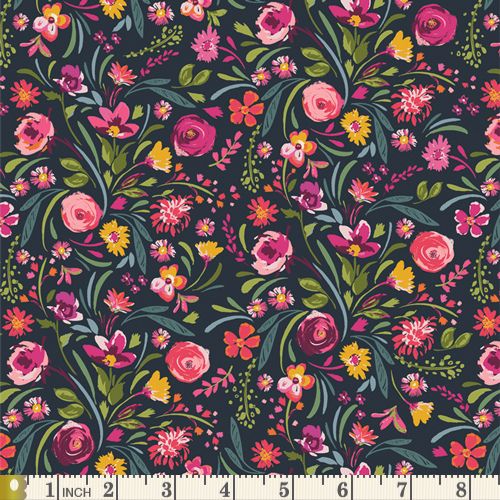Pink, gold and orange floral blooms on navy background