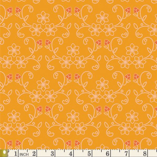 Floral pattern with white flowers and red centers on a yellow background
