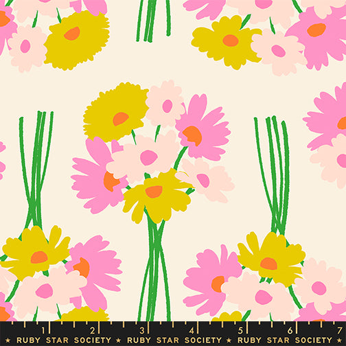 Sparkle Mart Flower Dept Natural fabric print with ruler showing scale