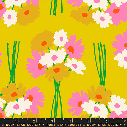Sparkle Mart Flower Dept Verdant fabric print with ruler showing scale