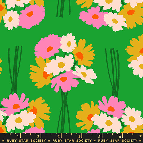 Sparkle Mart Flower Dept Golden Hour fabric print with ruler showing scale