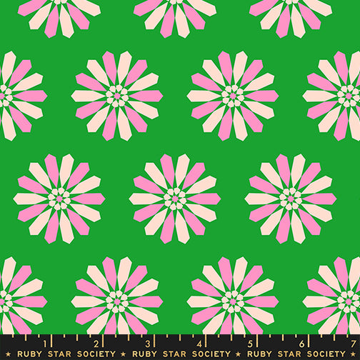 Sparkle Mart Freshly Picked Deep Verdant fabric print with ruler showing scale