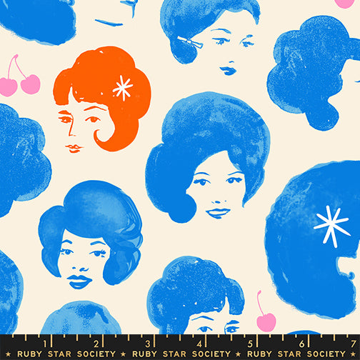 Sparkle Mart Dottie's Friends Blue Light Special fabric print with ruler showing scale