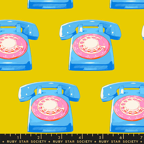 Sparkle Mart Telephones Golden Hour fabric print with ruler showing scale