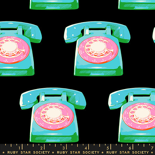 Sparkle Mart Telephones Black fabric print with ruler showing scale