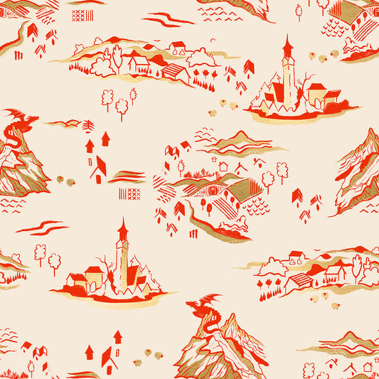 Fireglow - Mountain Town Landscape Metallic - Dark Ruby  - SKU:RS2133-11M