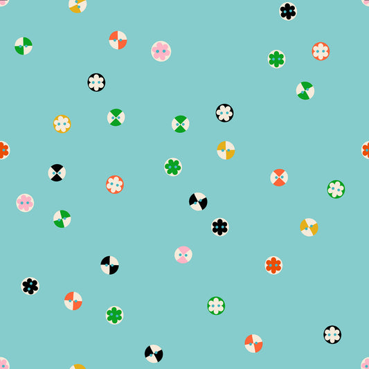 Buttons in Cloudless vintage sewing notions print on blue