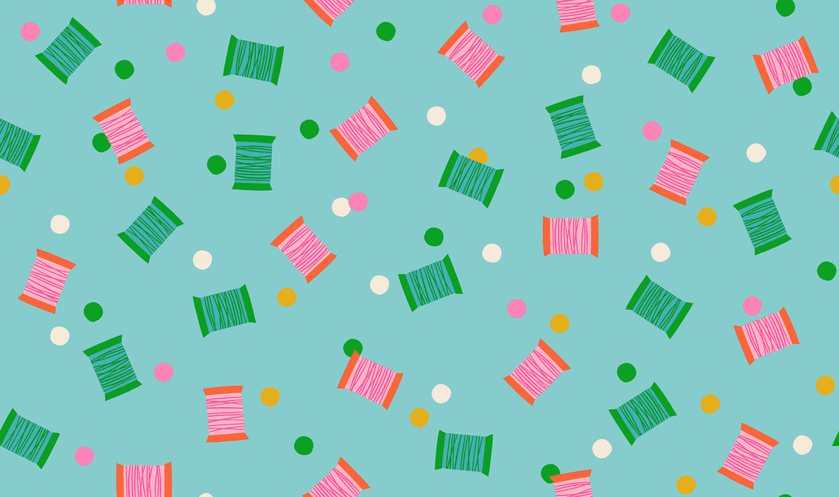 Spools in Cloudless quilting cotton showing full print repeat