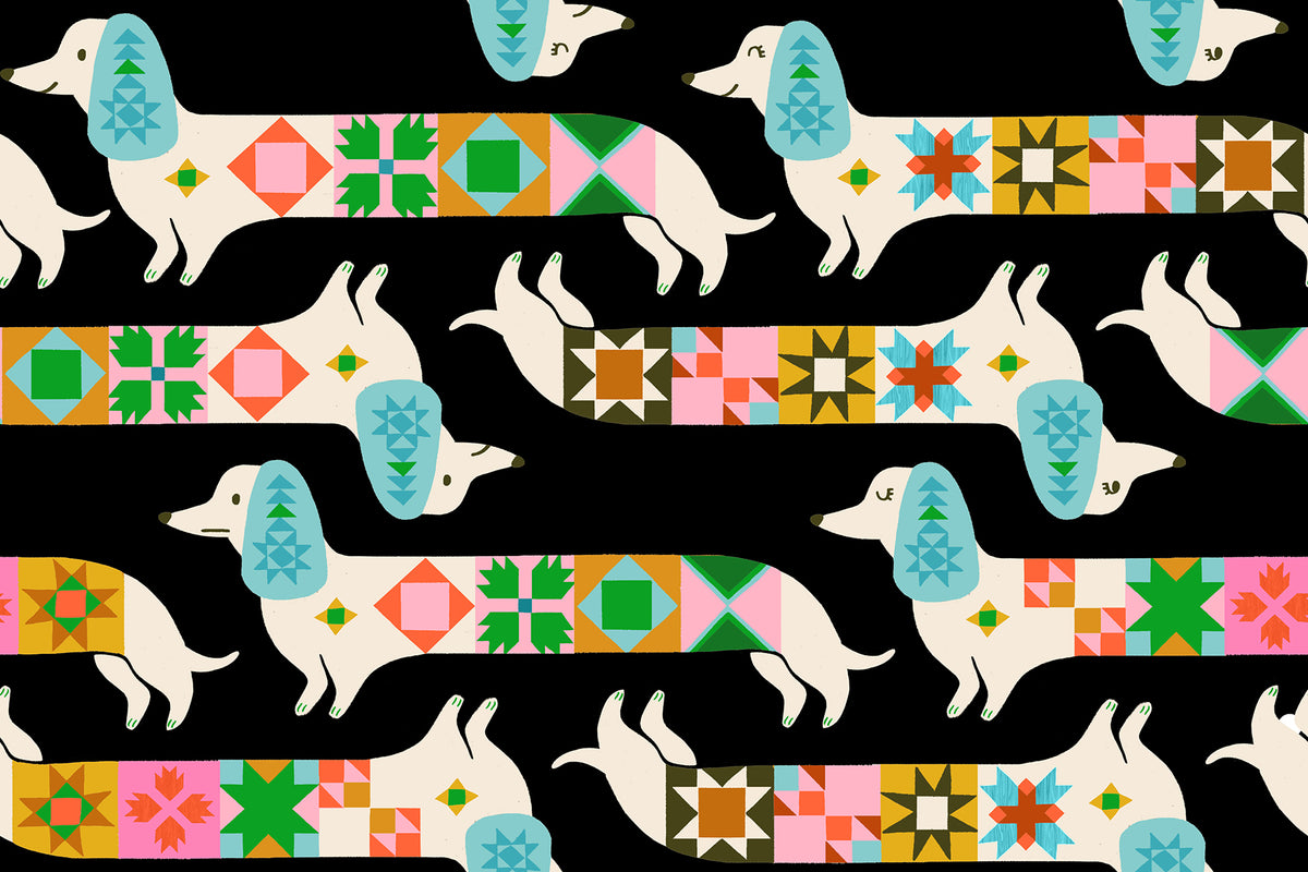 Quilty Dog in Soft Black quilting cotton showing full print repeat