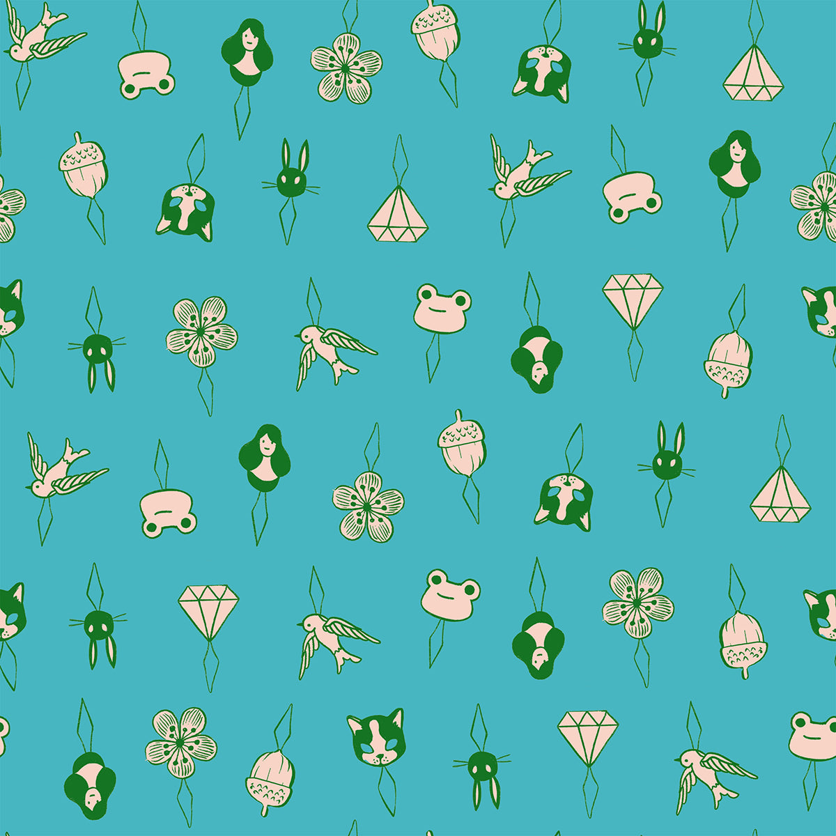 Thread Charms in Turquoise quilting cotton fabric shown in full repeat