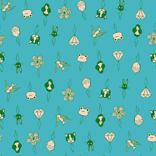 Thread Charms in Turquoise quilting cotton fabric shown in full repeat