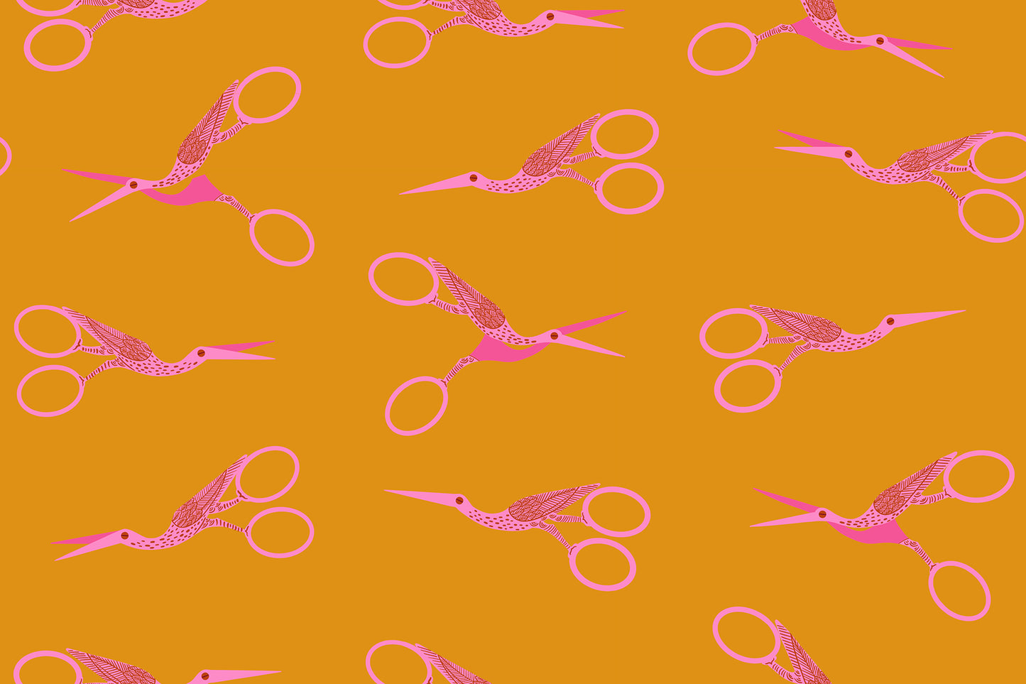 Stork Scissors in Honey quilting cotton fabric from 1-800 Notion by Ruby Star Society shown in full print repeat