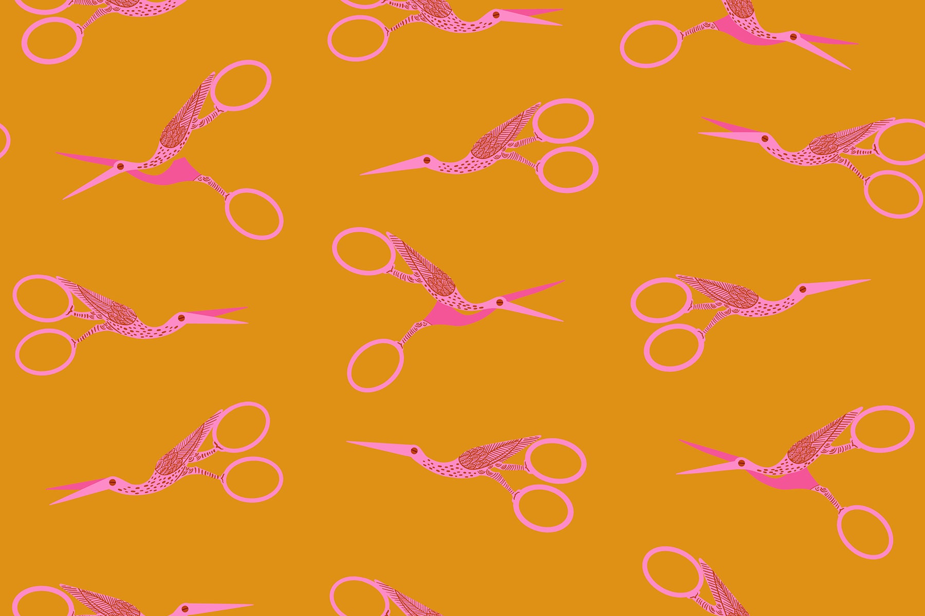 Stork Scissors in Honey quilting cotton fabric from 1-800 Notion by Ruby Star Society shown in full print repeat