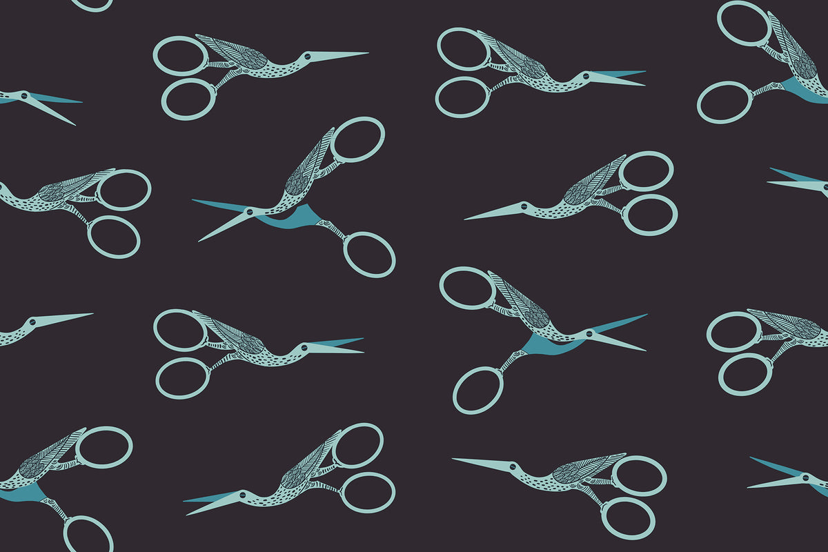 Stork Scissors in Soft Black quilting cotton fabric from 1-800 Notion by Ruby Star Society shown in full print repeat