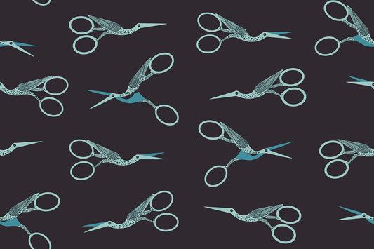 Stork Scissors in Soft Black quilting cotton fabric from 1-800 Notion by Ruby Star Society shown in full print repeat