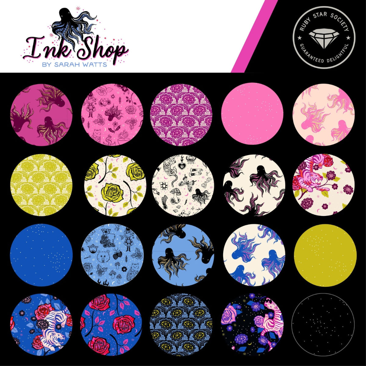 Ink Shop fabric collection by Sarah Watts for Ruby Star Society featuring colorful tattoo inspired quilting cotton prints